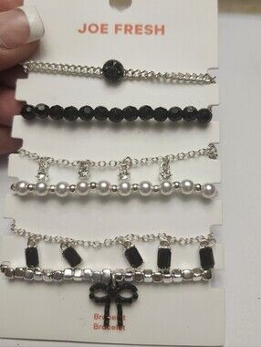 Joe Fresh Black, Silver & Pearl Layered Bracelet Set